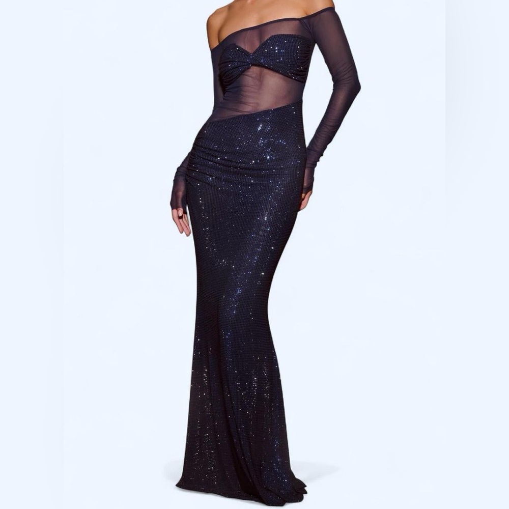 Meshki ‘Nash’ Diamante Off Shoulder Maxi Dress Navy Blue Large (US 8 on site)